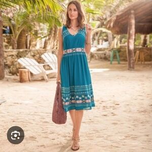 Sundance Dress, Size 16, Teal Blue Sleeveless, Embroidered Southwest Style Vneck